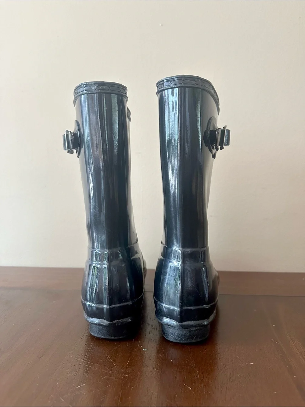 Hunter Black Gloss Mid-Calf Rain Boots with Side Buckle, Sz 8